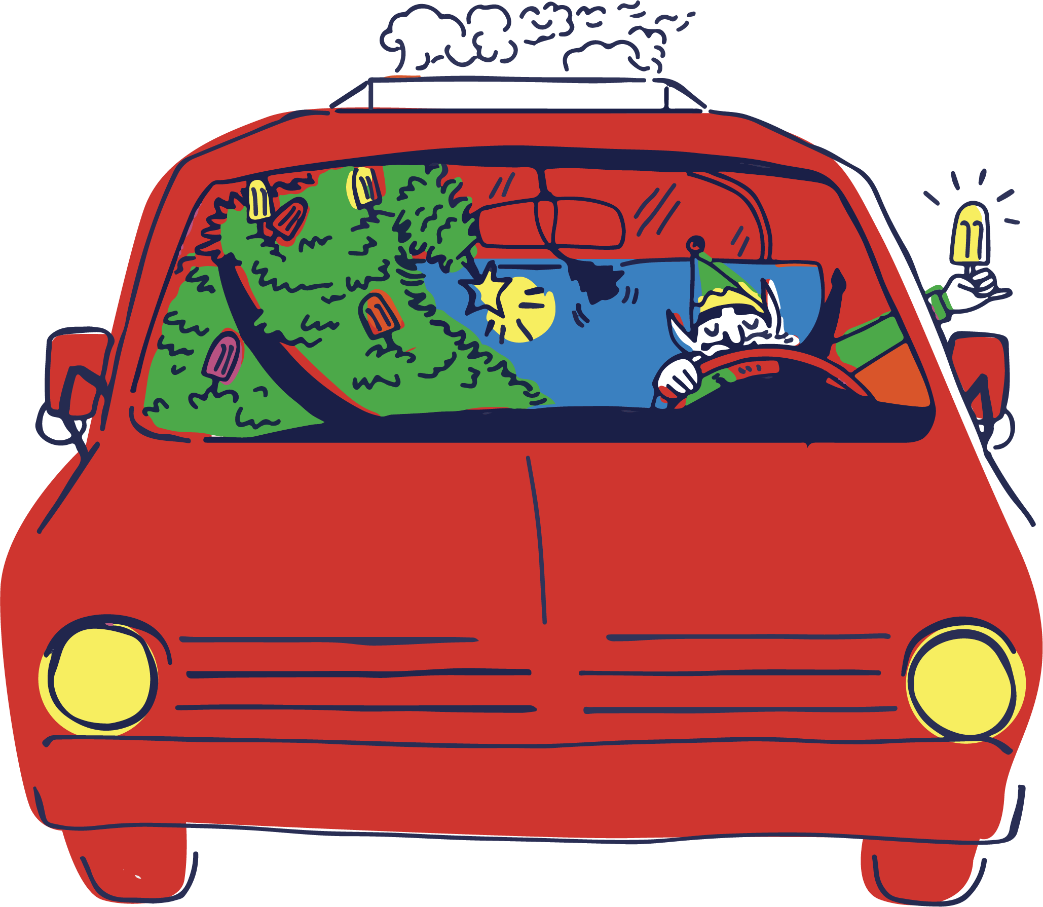 An elf driving a little red car packed with a Christmas tree