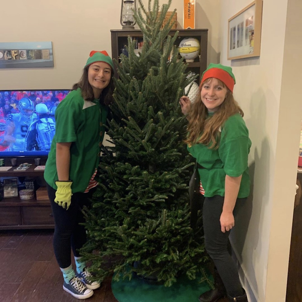 Two elves on either side of a freshly set-up Fraser fir in a living room