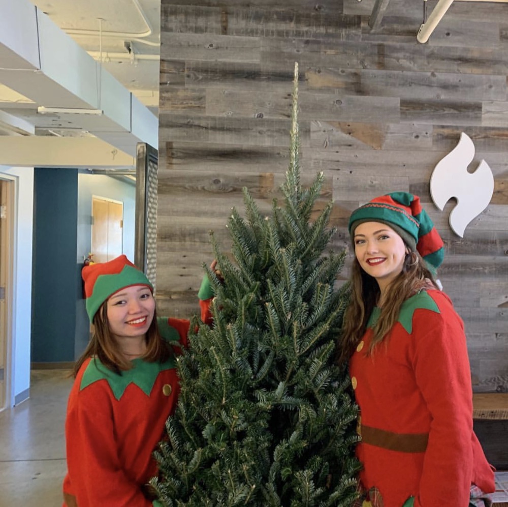 Two elves with a Fraser fir in an office reception area